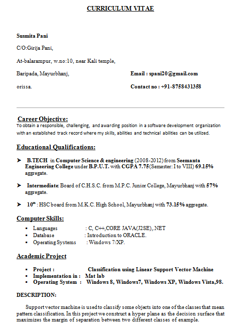 Resume format for freshers engineers cse